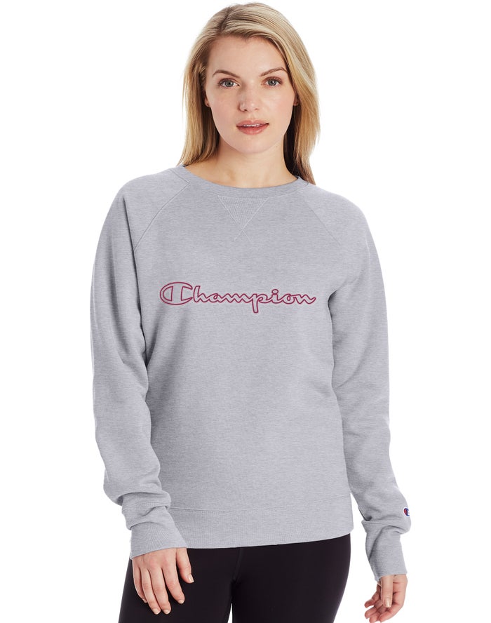 Champion Womens Sweatshirt NZ - Powerblend Fleece Classic Crew Script Logo Grey ( 2731-FYQRV )